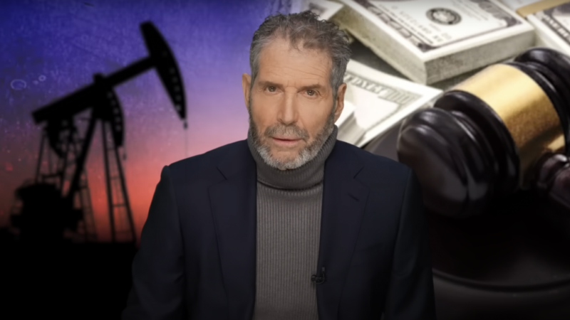 John Stossel is seen in front of a pile of cash with a gavel | Stossel TV