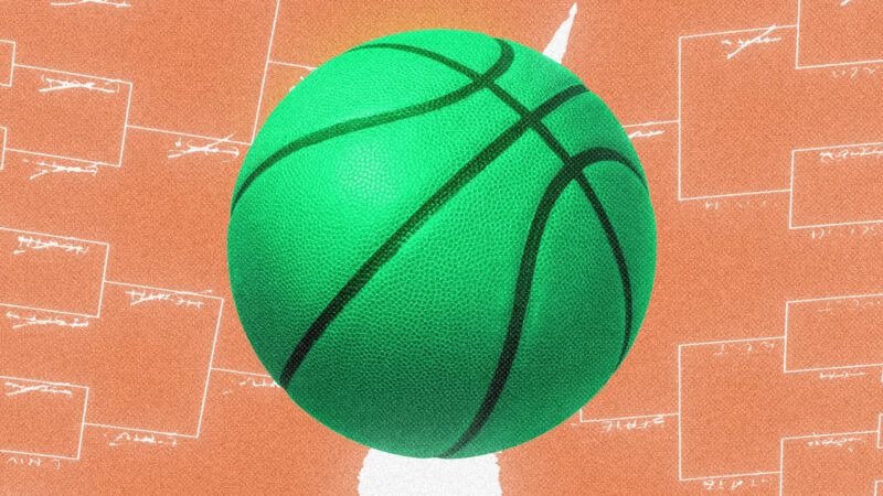 A basketball tinted green overlaid on top of an orange background with a white bracket tournament. | Illlustration: Lex Villena;   Skypixel, Saje | Dreamstime.com