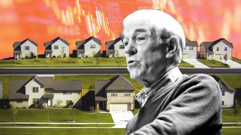 A black and white photo of Ron Paul in the foreground, an orange background, and photos of houses lining a suburban block in between | lllustration: Eddie Marshall | Jeff Ferguson | Dreamstime.com | Midjourney