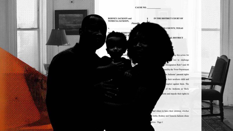 A shadowed man and woman hold a baby in the foreground. A black and white picture of the inside of a home overlaid with court docs and an orange filter in the background | lllustration: Eddie Marshall | Midjourney | Grok