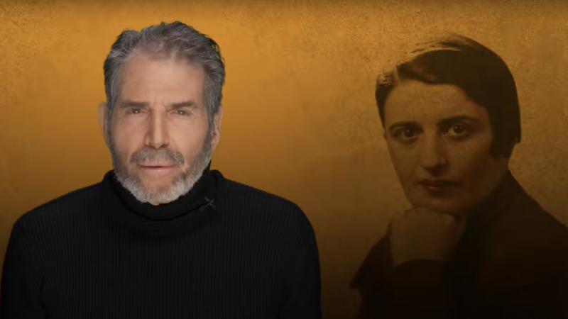 John Stossel is seen next to a photo of Ayn Rand | Stossel TV