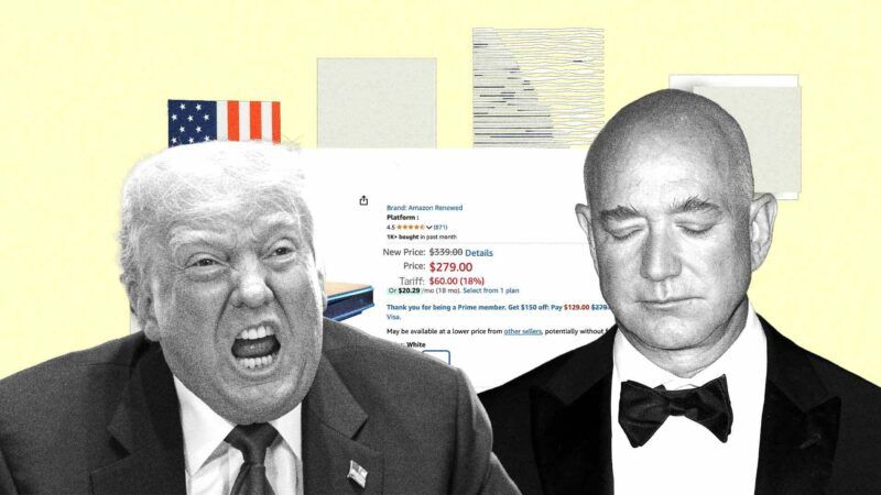 President Donald Trump and Jeff Bezos in front of an Amazon product page | lllustration: Eddie Marshall | Ken Cedeno - Pool via CNP | MEGA |RSSIL | River | MEGA | JRMAR | Newscom | Amazon | Midjourney | Grok