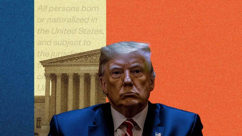 Blue tint on the left, a picture of the Supreme Court building with faint lettering tinted yellow in the middle, and orange tint on the right with a picture of Donald Trump across it all | lllustration: Eddie Marshall | Midjourney