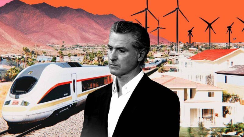 A black and white photo of California Governor Gavin Newsom in the foreground. Mountains and an orange tinted sky are in the background, overlaid with depictions of wind turbines, housing, and a train. | lllustration: Eddie Marshall | Ted Soqui| | Sipa USA | Newscom | Midjourney