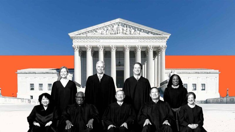 A blue and orange background, an outline of the Supreme Court building, and a black and white photo of the Supreme Court justices in the foreground | Illustration: Eddie Marshall | Fred Schilling | Collection of the Supreme Court of the United States | Adam Parent | Dreamstime.com | Midjourney