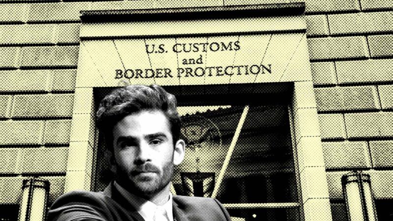 A black and white image of Twitch streamer Hasan Piker in front of a yellow tinted U.S. Customs and Border Protection building | Illustration: Eddie Marshall | Mo1567 | Wikimedia Commons William Perry | Dreamstime.com