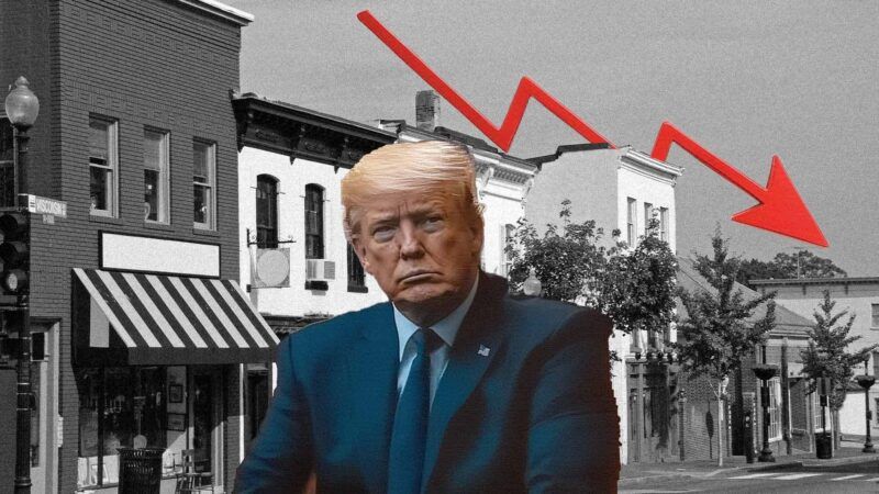 President Trump imposed over a street of small businesses, with a red downward arrow | Illustration: Eddie Marshall | Harperdrewart | Dreamstime.com | Grok