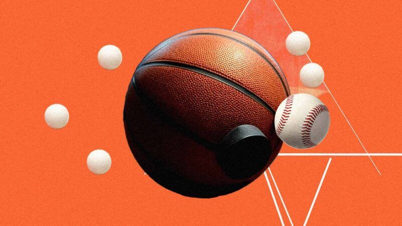 An orange background, with bouncing pingpong balls plus a basketball, hockey puck, and a baseball. | Illustration: Eddie Marshall | Andrew Leyden | Aldo Di Bari Murga | Winterling | Dreamstime.com | Grok | Midjourney