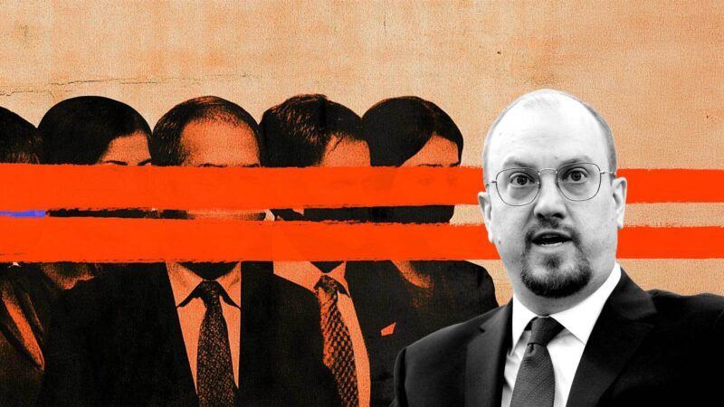 Illustration of Mark Meador standing in front of orange-tinted shadowy figures of people with a red censor bar through their faces, all against an orange background | Illustration: Eddie Marshall | Michael Brochstein | Sipa USA | Newscom | Midjourney