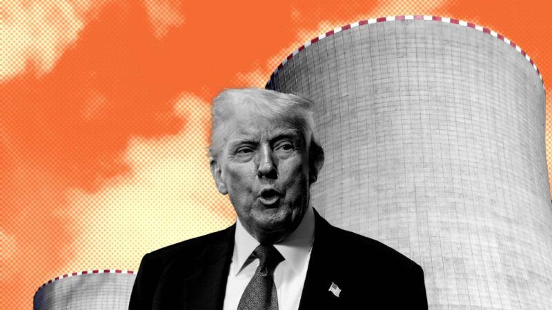 A black and white photo of Donald Trump in front of a nuclear reactor against an orange-tinted sky and clouds | Illustration: Eddie Marshall | Tom Williams | CQ Roll Call | Newscom Joedeer | Dreamstime.com