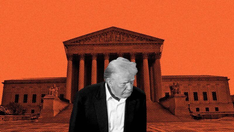 A black and white photo of Trump in front of an orange-tinted photo of the U.S. Supreme Court building | lllustration: Eddie Marshall | Hu Yousong | Xinhua News Agency |Newscom Rena Schild | Dreamstime.com