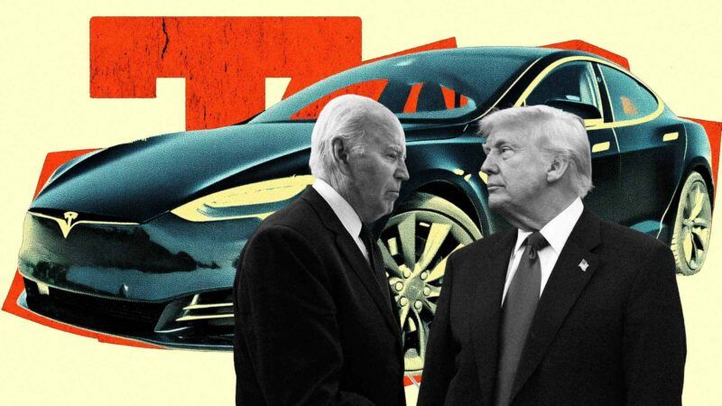 Former President Joe Biden and President Donald Trump against the backdrop of a Tesla. | lllustration: Eddie Marshall | Jim LoScalzo - Pool via CNP | CNP |Polaris | Abaca Press | Vandeville Eric | Abaca | Sipa USA | Newscom | Midjourney