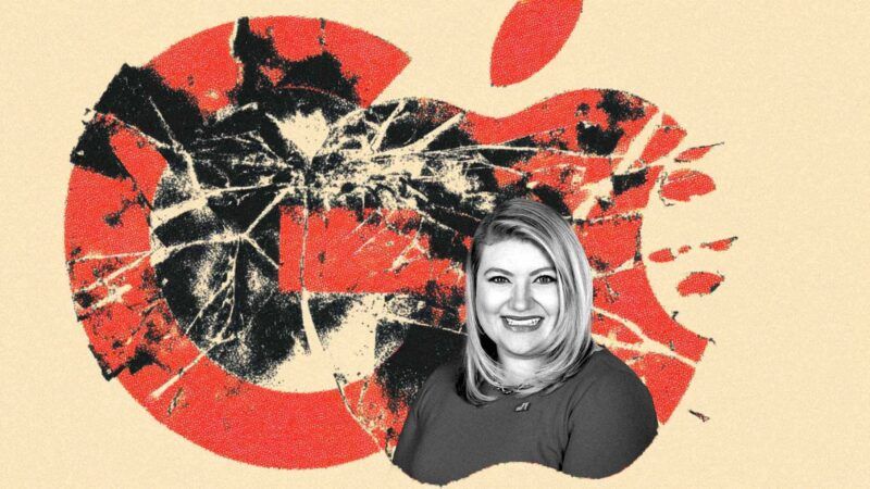 Illustration of Kat Cammack in front of shattered Google and Apple logos |  lllustration: Eddie Marshall | Midjourney