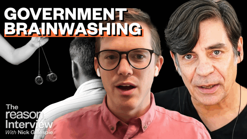 Large bold text at the top reads “GOVERNMENT BRAINWASHING.” In the foreground, historian John Lisle (center) wears a pink shirt and is speaking. To the right is host Nick Gillespie, wearing a black shirt. In the background, a black-and-white image shows a man seen from behind being hypnotized by a hand swinging two pocket watches. | Illustration: Eddie Marshall