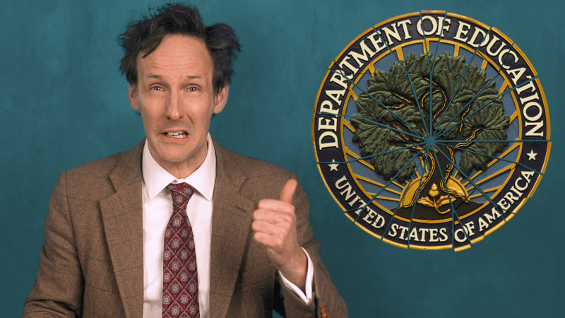 Andrew Heaton points to the shattered Department of Education seal | Reason TV