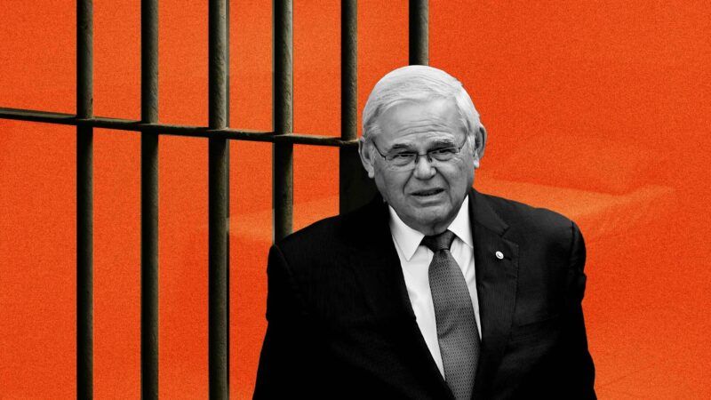 Bob Menendez, the disgraced former senator from New Jersey, is seen in front of prison bars | Illustration: Eddie Marshall | Andrea Renault/ZUMAPRESS/Newscom | ChatGPT 