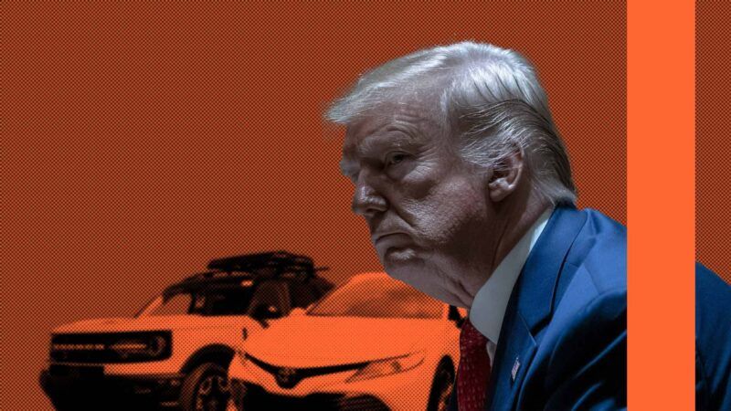 President Donald Trump, depicted alongside a Ford Bronco and a Toyota SUV. | lllustration: Eddie Marshall | Jonathan Weiss | Walter Eric Sy | Dreamstime.com | Midjourney