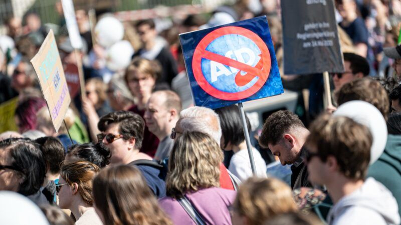 A protest at Germany's Brandenburg Gate. One protester holds a sign with a circle and line through the logo for AfD. | Fabian Sommer/dpa/picture-alliance/Newscom