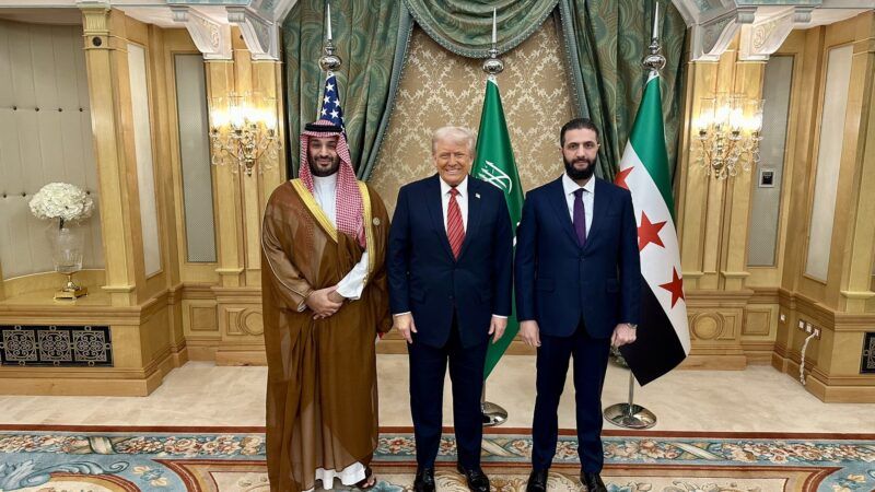 Saudi Crown Prince Mohammed bin Salman, US President Donald Trump and Syria's interim president Ahmed al-Sharaa pose for photo before their meeting in Riyadh, Saudi Arabia, on Wednesday May 14, 2025. | EyePress/Newscom