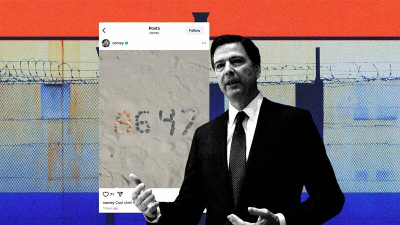 Former FBI Director James Comey is seen next to his Instagram post that reads "86 47" | Illustration: Eddie Marshall | SMG | ZUMA Press | Newscom | Midjourney