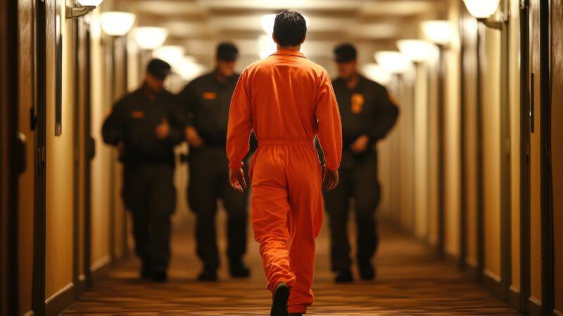 An AI-generated image of a prisoner in an orange jumpsuit walking alone down a hallway toward a line of guards, all dressed in uniform. | Yaroslav Litun | Dreamstime.com