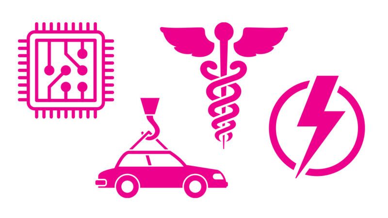 An illustration of a computer chip, a car, and a lightning bolt | Illustrations: iStock
