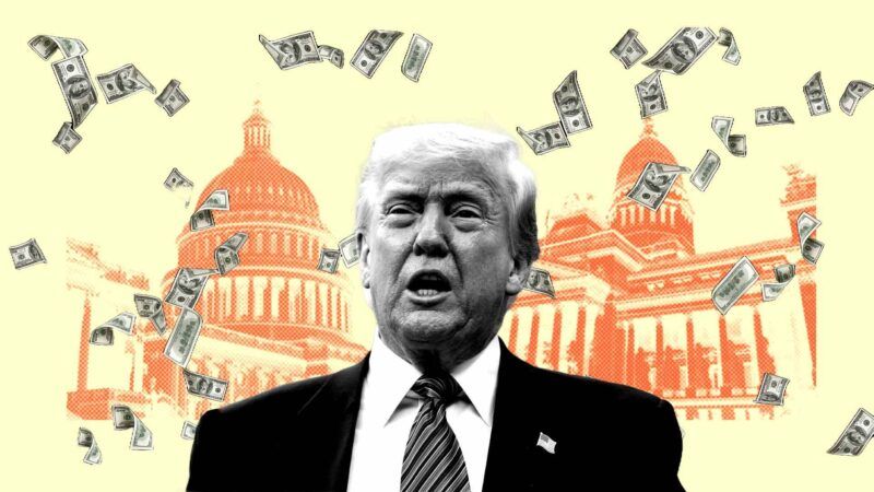 President Donald Trump is seen in front of the U.S. Capitol as money swirls around him | lllustration: Eddie Marshall | Richardmodhamma | Sergey Rusakov | Maksym Velishchuk | Dreamstime.com | Samuel Corum | Pool via CNP |picture alliance | Consolidated News