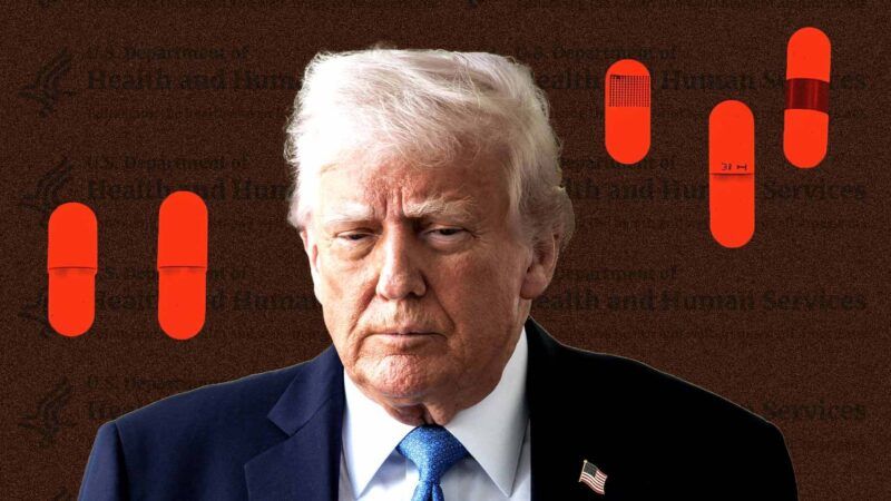 President Donald Trump, against a background featuring the Department of Health and Human Services (HHS) webpage and pharmaceutical drug capsules. | Illustration: Eddie Marshall | CNP | AdMedia | SIPA | Newscom | Midjourney