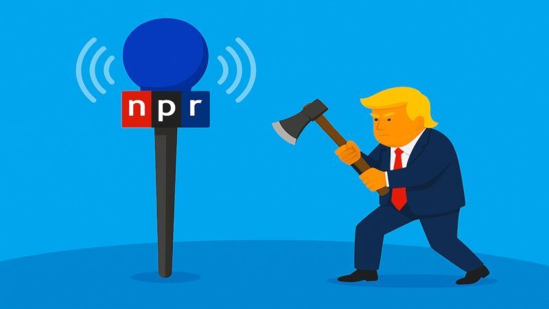 Animated image of Donald Trump taking an ax to an NPR microphone | Pixabay/OpenAI