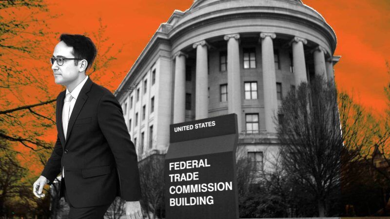 Illustration of former FTC Commissioner Alvaro Bedoya walking away from the FTC headquarters in Washington, D.C. | Illustration: Eddie Marshall | ChatGPT | Federal Trade Commission | Brookings