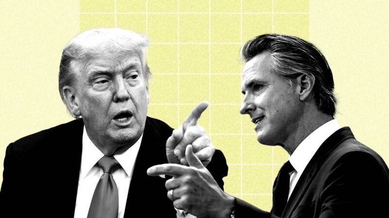 A light yellow background with a white grid across, a black and white photo of Trump on the left, and a black and white photo of California Gov. Gavin Newsom on the right | Illustration: Eddie Marshall | Renee C. Byer | TNS | CNP | AdMedia | SIPA | Newscom