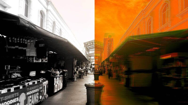 Santee Alley in black and white, and in orange color | Nancy Rommelmann; Illustration: Eddie Marshall