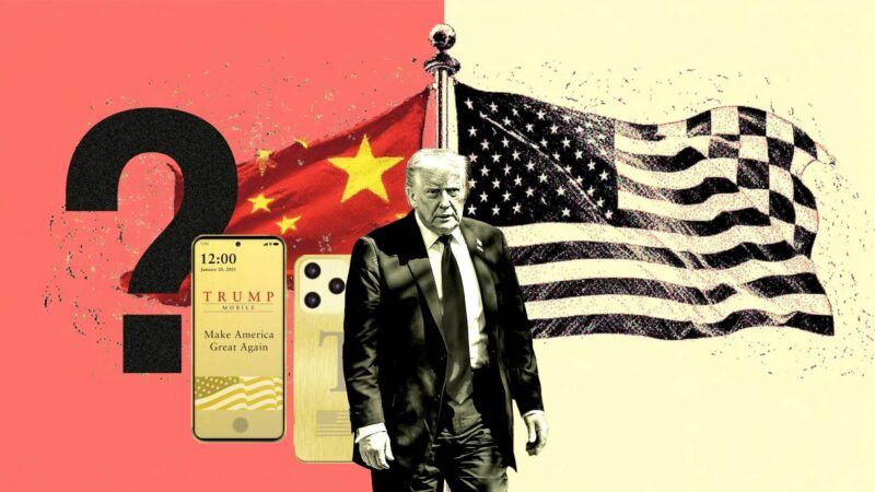 Illustration of Donald trump standing in front of Trump Mobile's T1 Phone, a question mark, the Chinese flag, and the American flag | Illustration: Eddie Marshall | IMAGO | Michael Kappeler | Pool | dts Nachrichtenagentur | IMAGO | Newscom | Midjourney | Trump Mobile