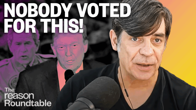 Nick Gillespie speaks into a microphone in the foreground. Behind him are U.S. President Donald Trump (center) and former President George W. Bush (left). Large bold text at the top reads “NOBODY VOTED FOR THIS!” | Illustration: Eddie Marshall