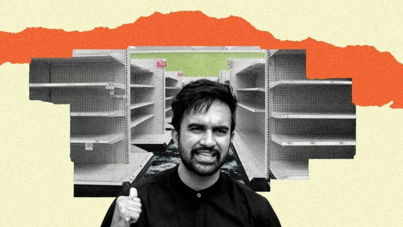 Illustration of Zohran Mamdani in front of empty shelves | Illustration: Eddie Marshall | Theodore Parisienne | TNS | Newscom | Midjourney