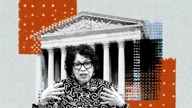 A black and white picture of Sonia Sotomayor in front of the U.S. Supreme Court building with a red, tan, and blue background | Illustration: Eddie Marshall | Matias J. Ocner | TNS | Newscom | Midjourney