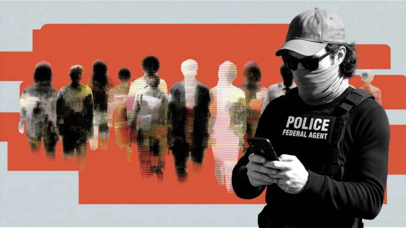 An orange background, blurred figures of people, and an federal agent in the foreground | Illustration: Eddie Marshall | ChatGPT| Midjourney