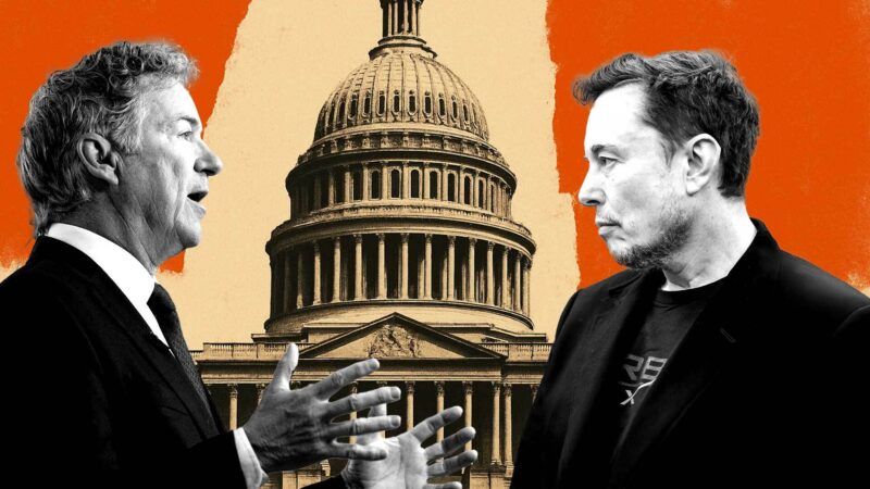 An orange and yellow background with a picture of the U.S. Capitol in the middle. Black and white photos of Sen. Rand Paul and Elon Musk on the left and right sides of the image. | Illustration: Eddie Marshall | CNP | AdMedia | Bill Clark | CQ Roll Call | Newscom | ChatGPT (edited) 