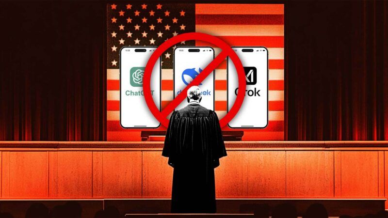 An orange tinted model of a courtoom with an American flag, phones showing popular AI models, an "anti" symbol across the phones, and a judge standing in front of it all An orange tinted model of a courtoom with an American flag, phones showing popular AI models, an "anti" symbol across the phones, and a judge standing in front of it all | Illustration: Eddie Marshall | Pavlo I | Dreamstime.com | Midjourney