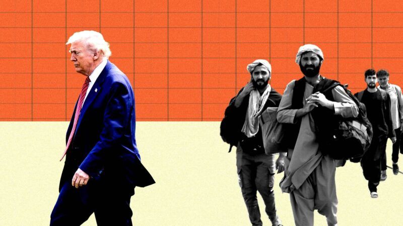 Donald Trump's back turned on Afghan refugees. | Illustration: Eddie Marshall | Michael Brochstein | ZUMAPRESS | CHINE NOUVELLE | SIPA | Newscom