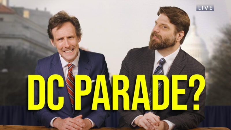 Two TV announcers watch a parade. | Reason TV
