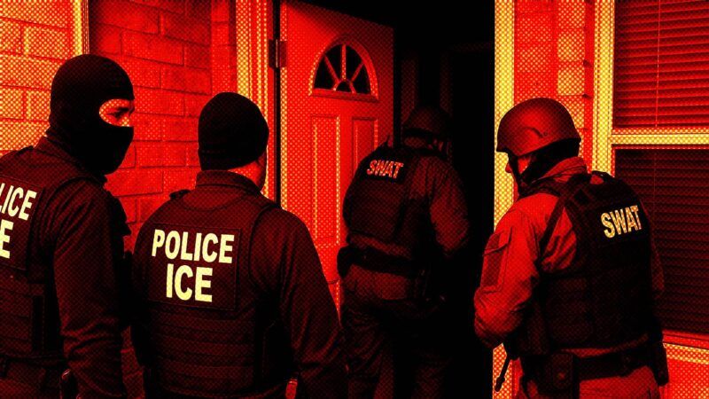 Armed agents in SWAT gear and "Police ICE" on their vests enter a home. | Illustration: Eddie Marshall | ChatGPT