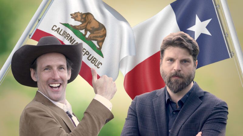 Actors playing California and Texas mayors stand in front of their state flags. | ReasonTV