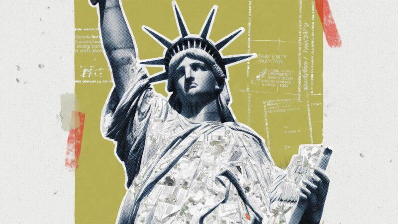 The Statue of Liberty against a yellow and tan background with faint white writing | Illustration: Eddie Marshall | Midjourney