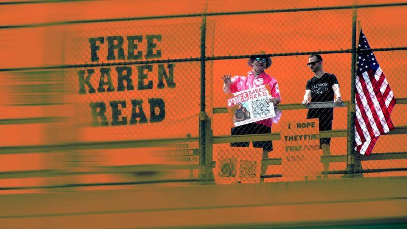 Two people stand next to a "FREE KAREN READ" sign | Illustration: Eddie Marshall | Kenneth Martin | ZUMAPRESS |Newscom
