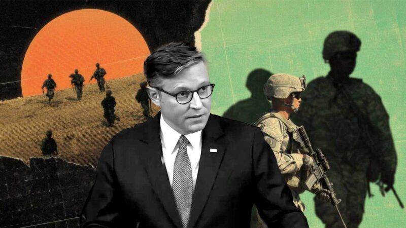 House Speaker Mike Johnson (R–La.), in between images of U.S. soldiers at war. | Illustration: Eddie Marshall | RSBN | X | Midjourney