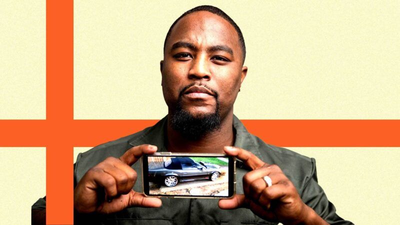 Robert Reeves holds up a picture of his 1991 Chevrolet Camaro |  Illustration: Eddie Marshall | Institute for Justice