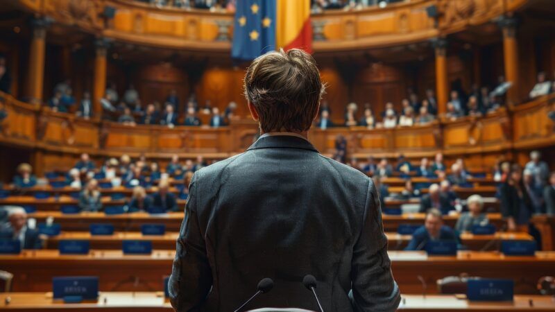 An AI-generated image of a speaker, shown from behind, addressing a legislative chamber. | nicemorning | Dreamstime.com