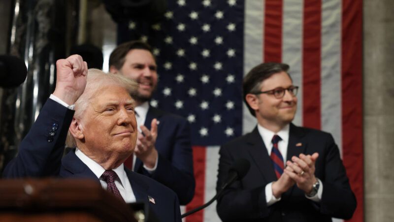 President Donald Trump addresses a joint session of Congress on March 04, 2025. Vice President J.D. Vance and Speaker of the House Mike Johnson stand behind Trump. | CNP/AdMedia/SIPA/Newscom