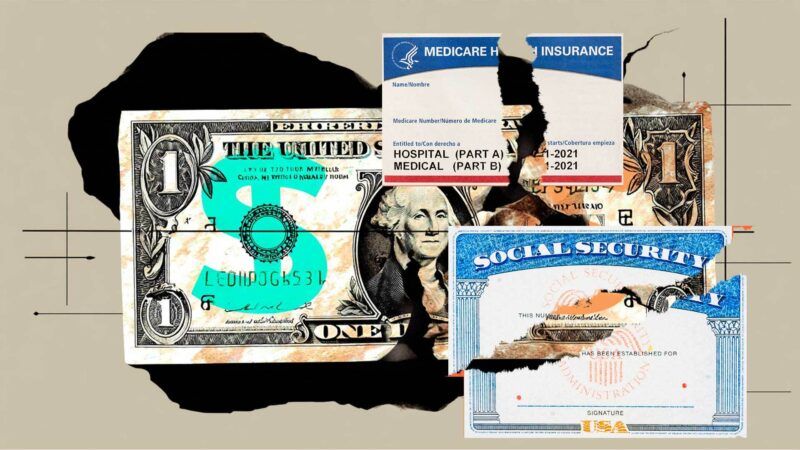 A dollar bill is seen behind a ripped Medicare card and a ripped Social Security card | Illustration: Eddie Marshall | Steveheap | Jon Anders Wiken | Dreamstime.com | Midjourney